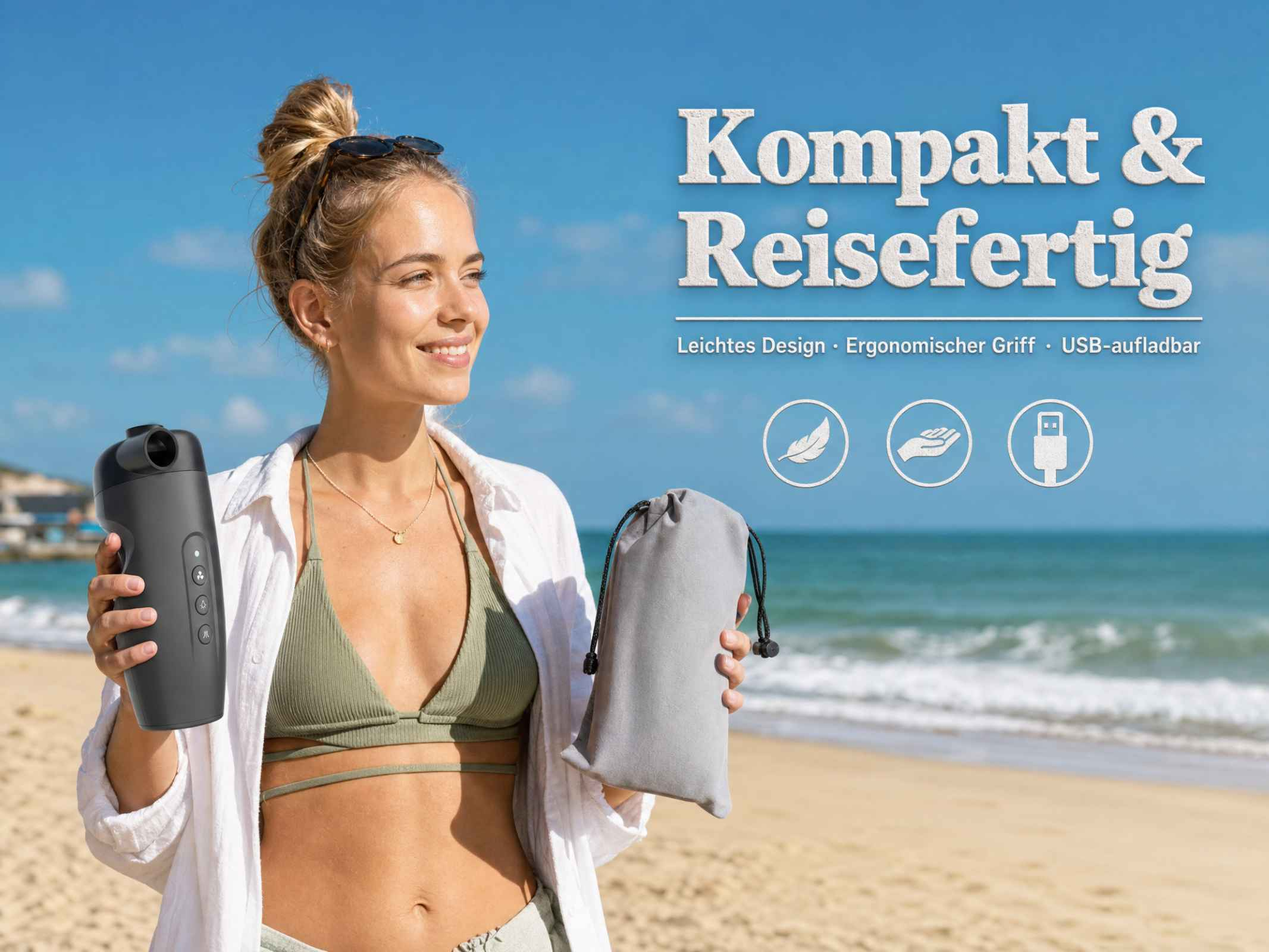 Eine Frau am Strand hält ein kleines schwarzes Gerät und eine graue Tasche vor dem blauen Meer.