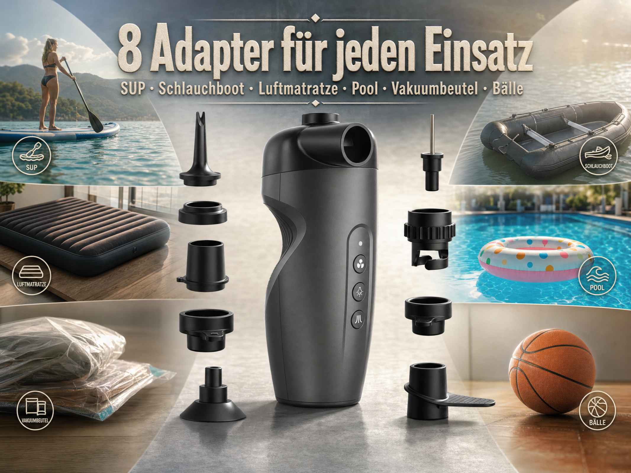 Schwarze elektrische Pumpe mit acht verschiedenen Adaptern und Anwendungsbeispielen im Hintergrund.