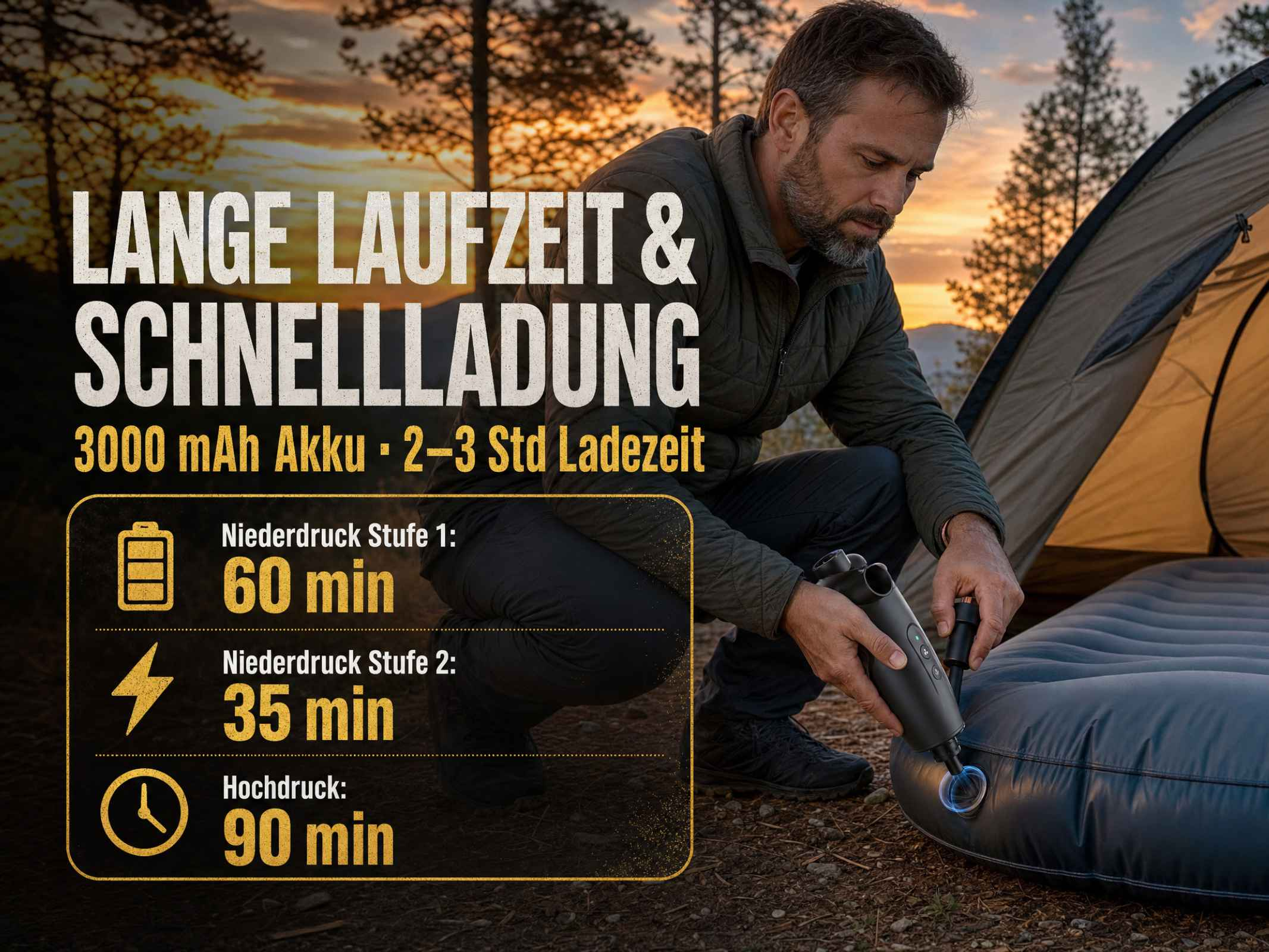 Ein Mann bläst bei Sonnenuntergang vor einem Zelt eine Luftmatratze auf, mit eingeblendeten Akkudaten.