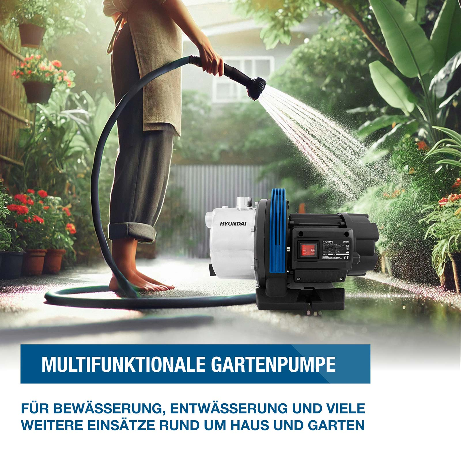 Eine Person bewässert Pflanzen im Garten mit einer Hyundai-Pumpe.