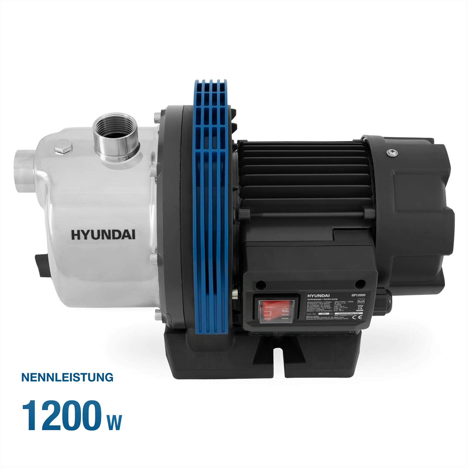 Eine Hyundai Gartenpumpe mit Edelstahlkopf, schwarzem Motor und blauem Lüfterschutz, beschriftet mit 1200W.