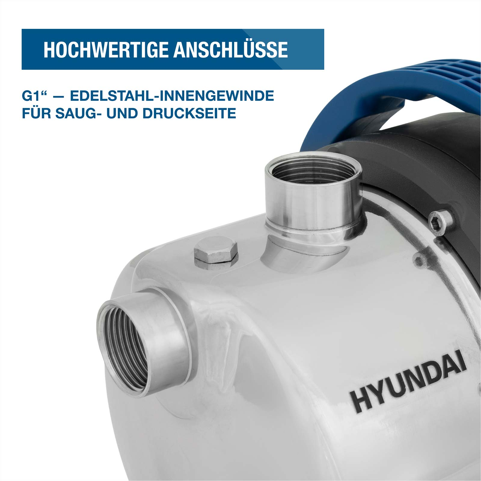 Edelstahl-Pumpenkörper mit G1-Gewindeanschlüssen und Hyundai-Logo.