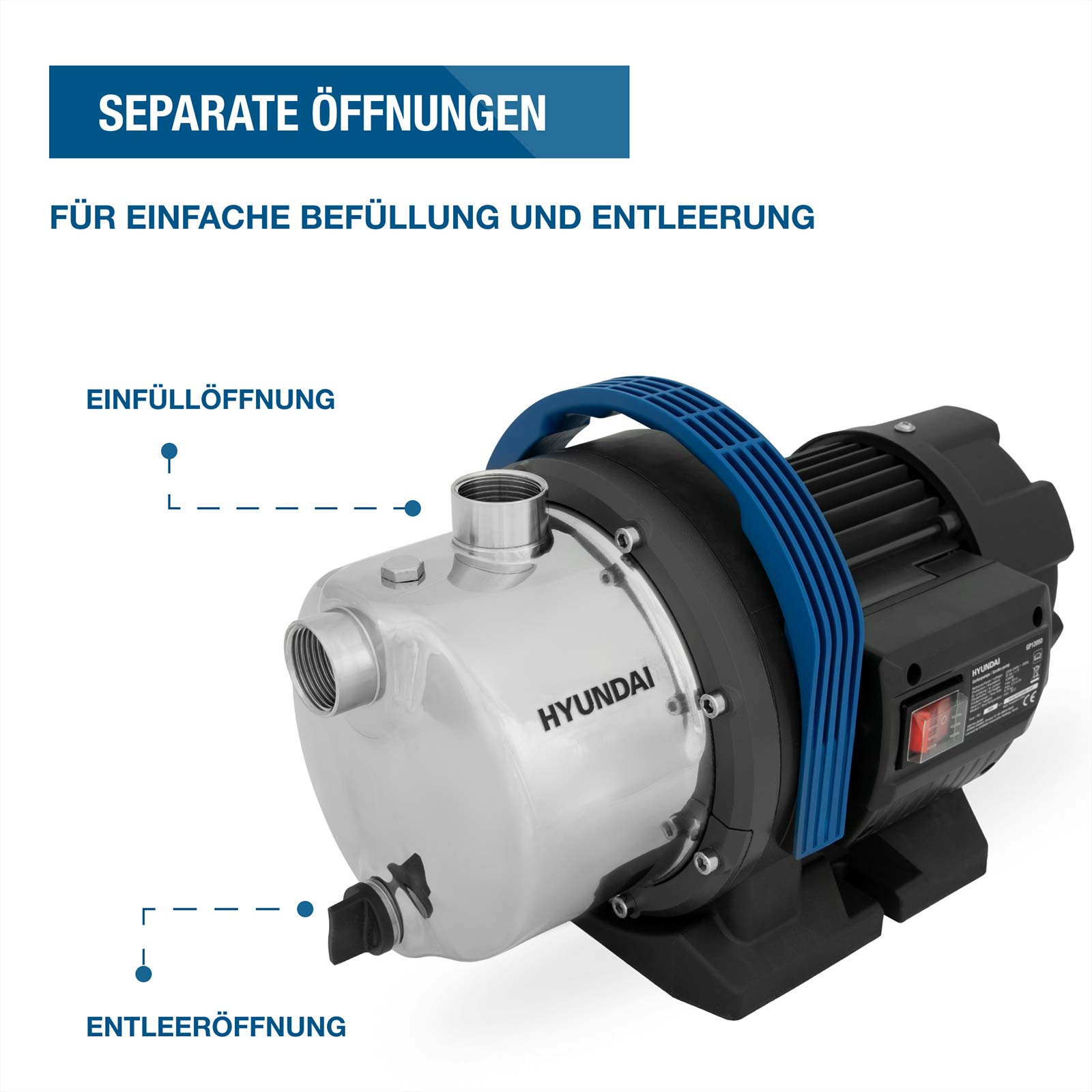 Eine Hyundai Wasserpumpe mit separater Einfüll- und Entleerungsöffnung vor weißem Hintergrund.