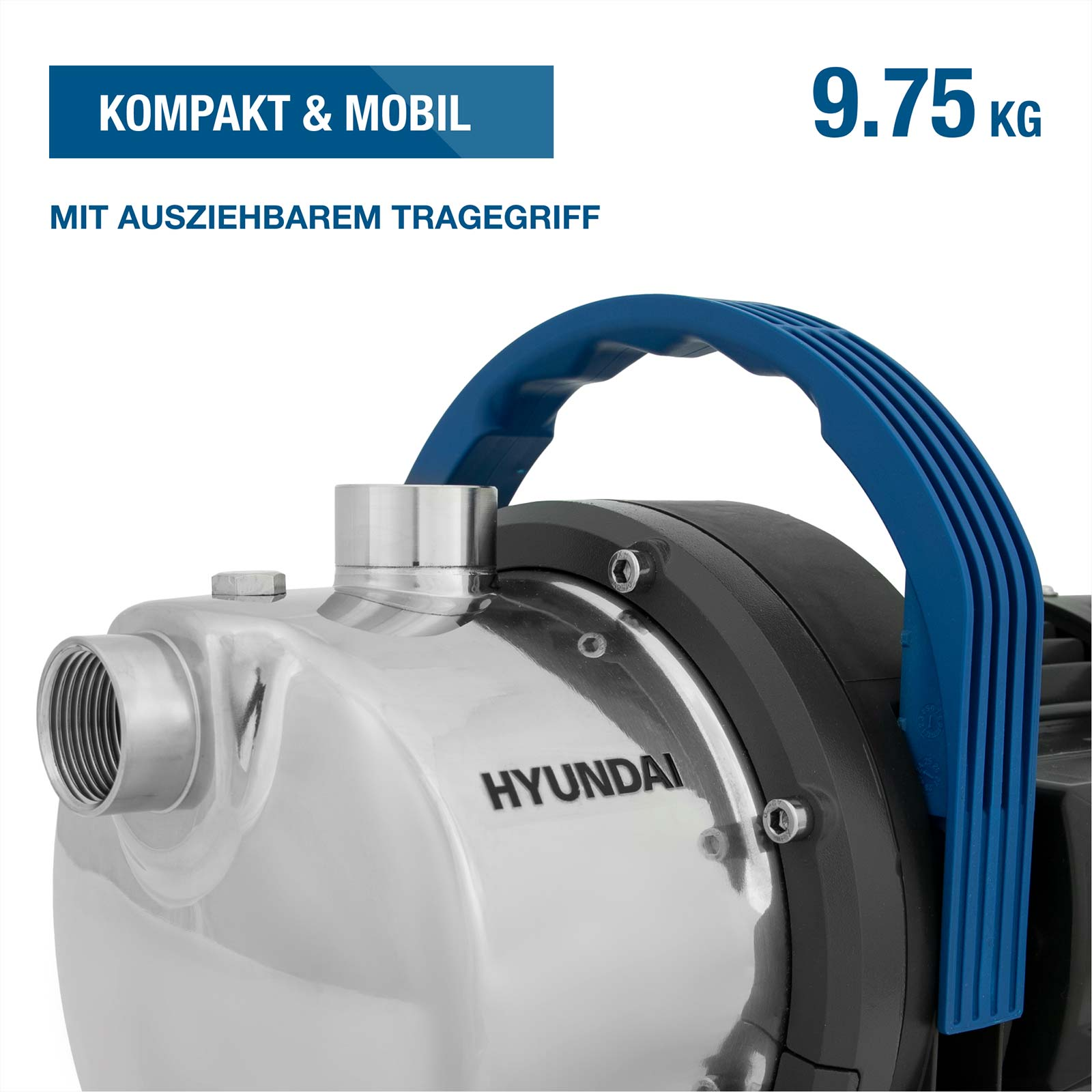 Hyundai Wasserpumpe mit blauem Tragegriff und Edelstahlgehäuse.
