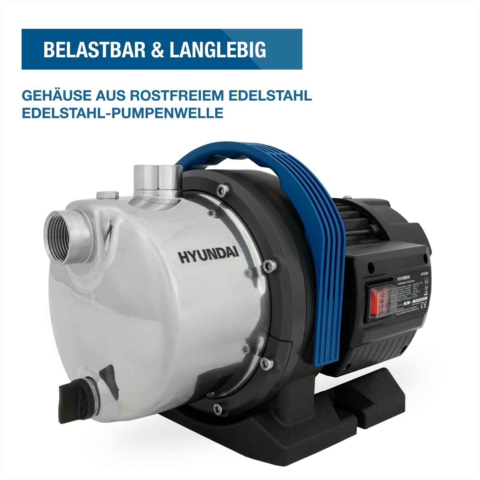 Eine Hyundai Gartenpumpe aus Edelstahl mit blauem Griff vor weißem Hintergrund und deutschem Werbetext.