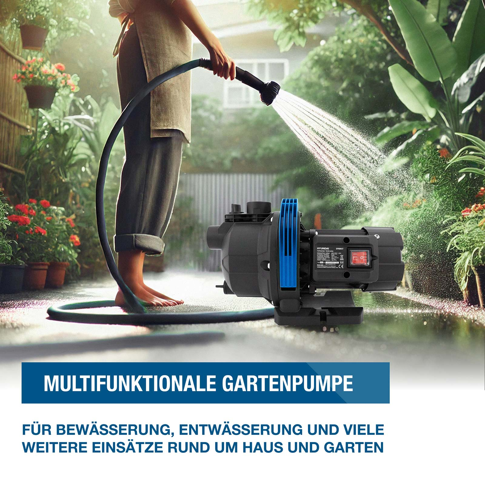 Eine Frau gießt Pflanzen in einem Garten mit einer elektrischen Gartenpumpe im Vordergrund.