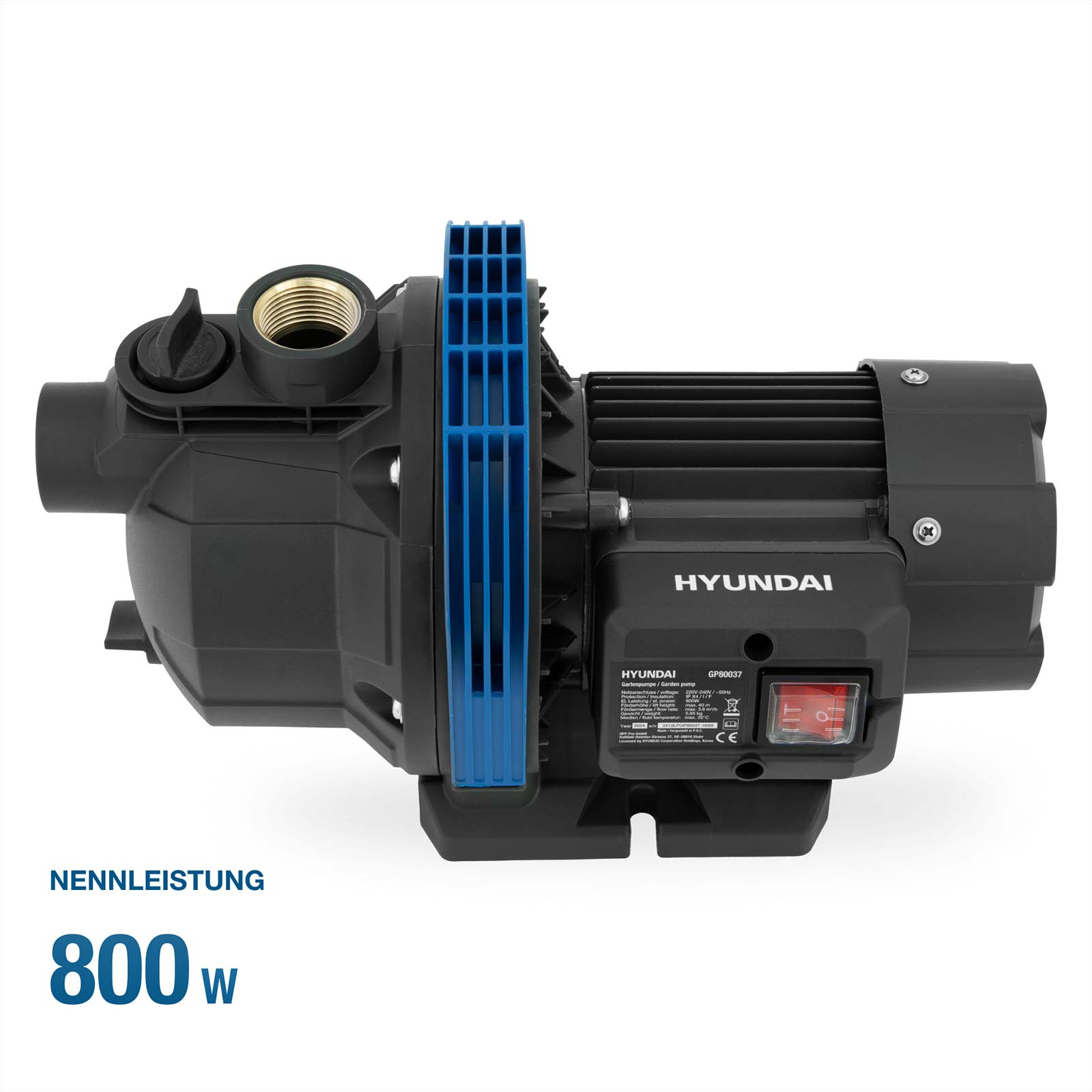 Schwarze Hyundai Gartenpumpe GP80037 mit 800W Leistung auf weißem Hintergrund.