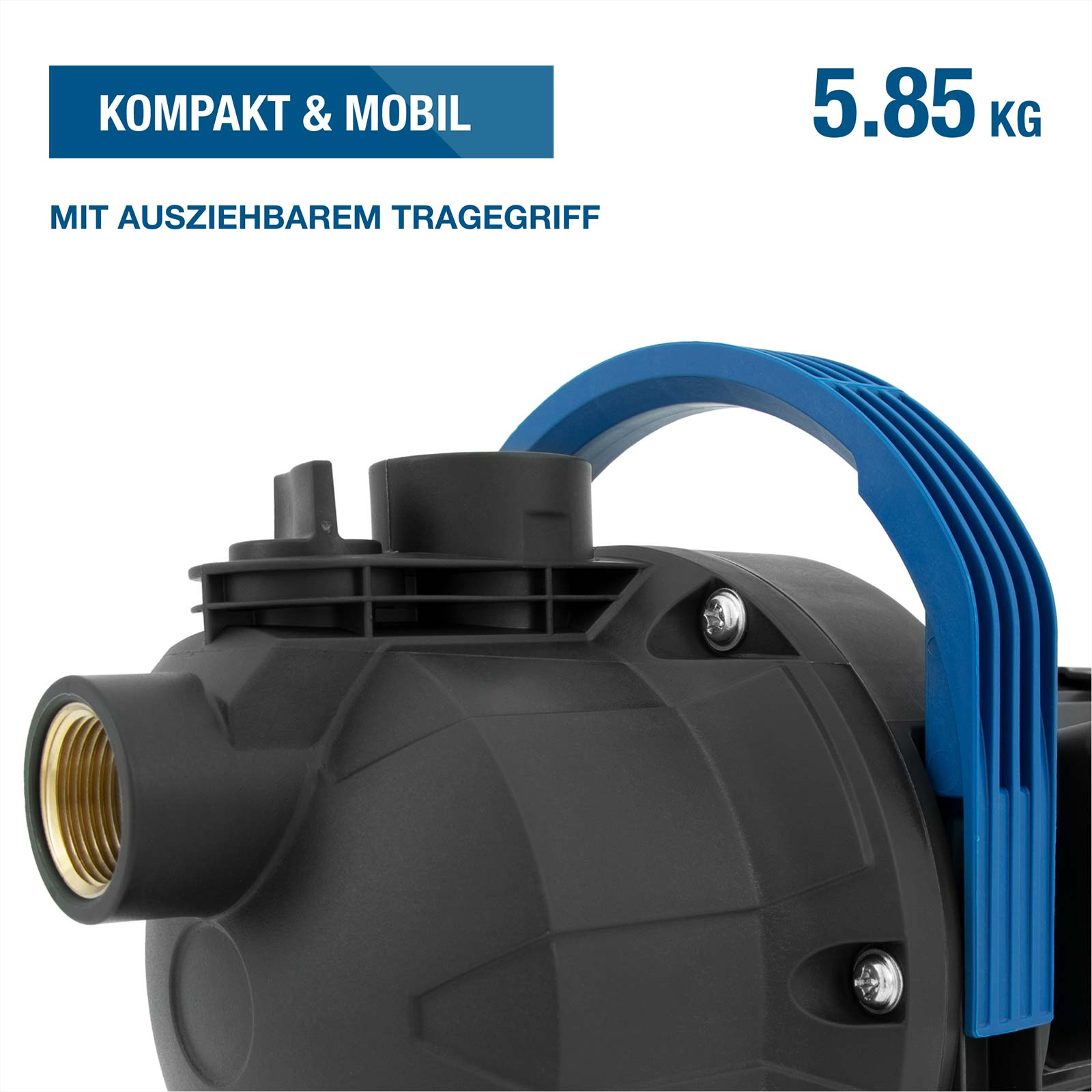 Kompakte schwarze Wasserpumpe mit blauem Ausziehtragegriff, Messing-Gewindeauslass und 5,85 kg Gewicht.