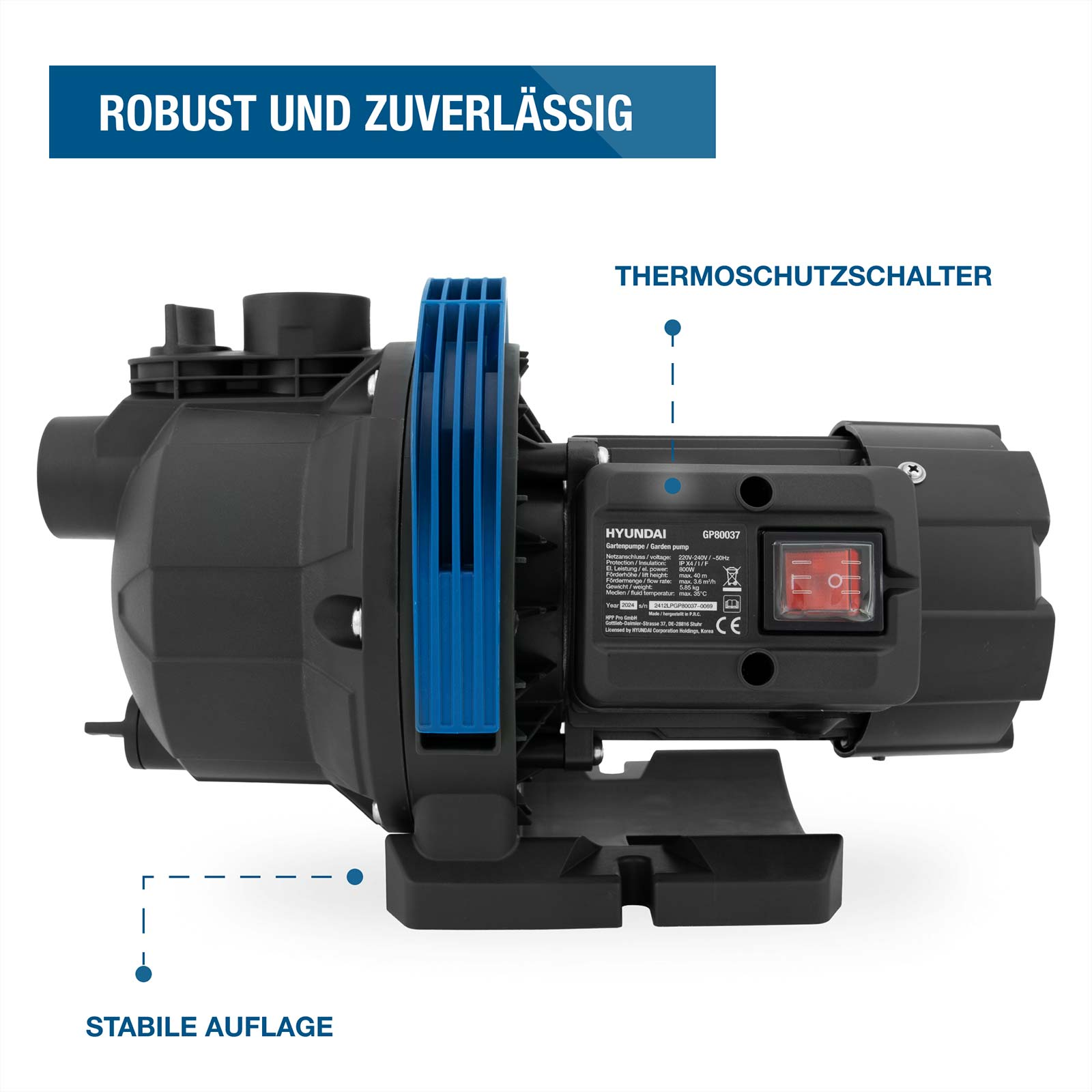 Schwarze Hyundai Gartenpumpe mit blauer Tragevorrichtung, rotem Ein/Aus-Schalter und technischen Daten.