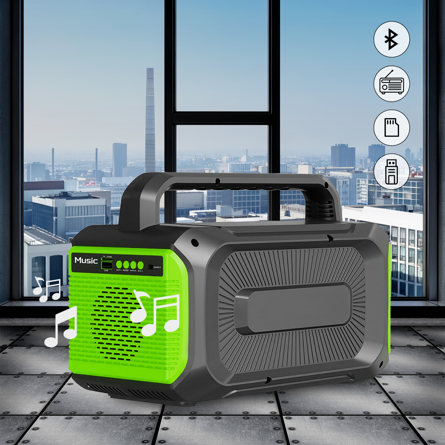 Altavoz bluetooth portátil verde y negro con asa frente a un fondo de horizonte urbano.