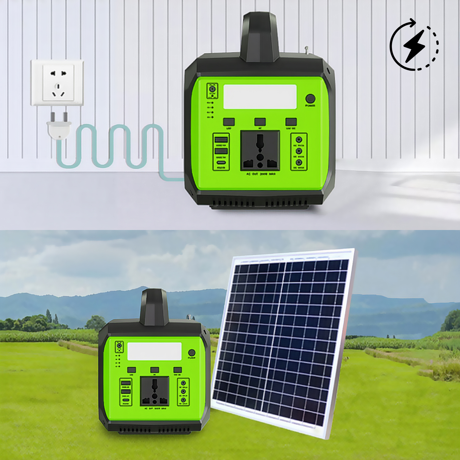 Estación de energía verde cargada en interior con enchufe y en exterior con panel solar en un prado.