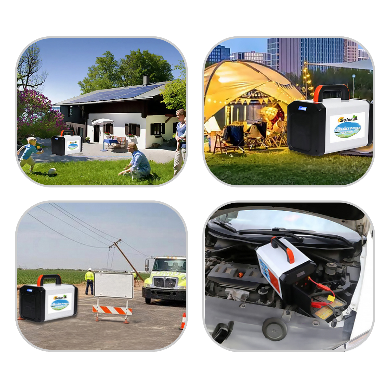 El collage muestra estaciones de energía portátiles en uso: en casa, camping, obras viales y con un auto.