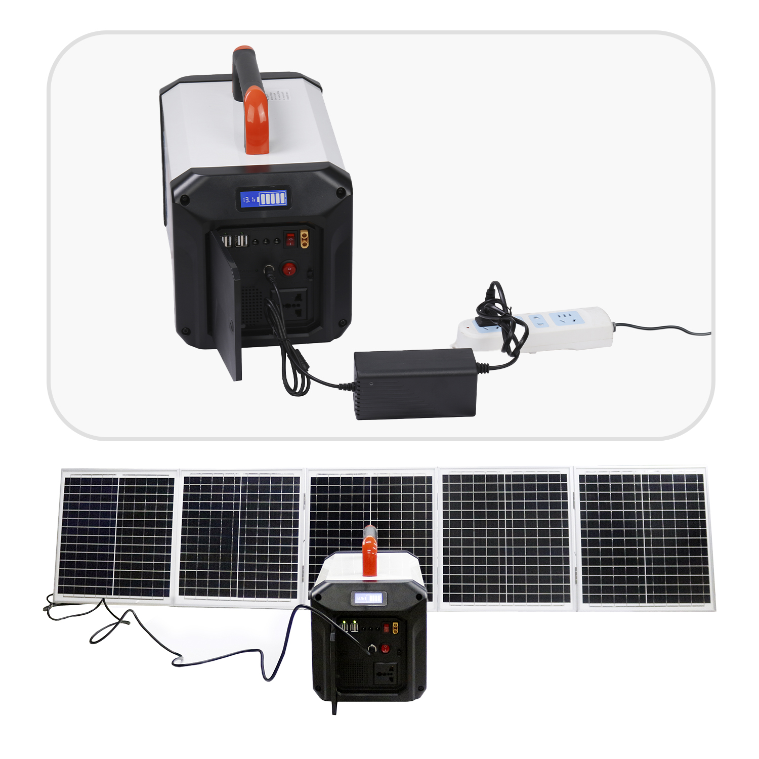 Una estación de energía portátil conectada a una regleta y un panel solar plegable.