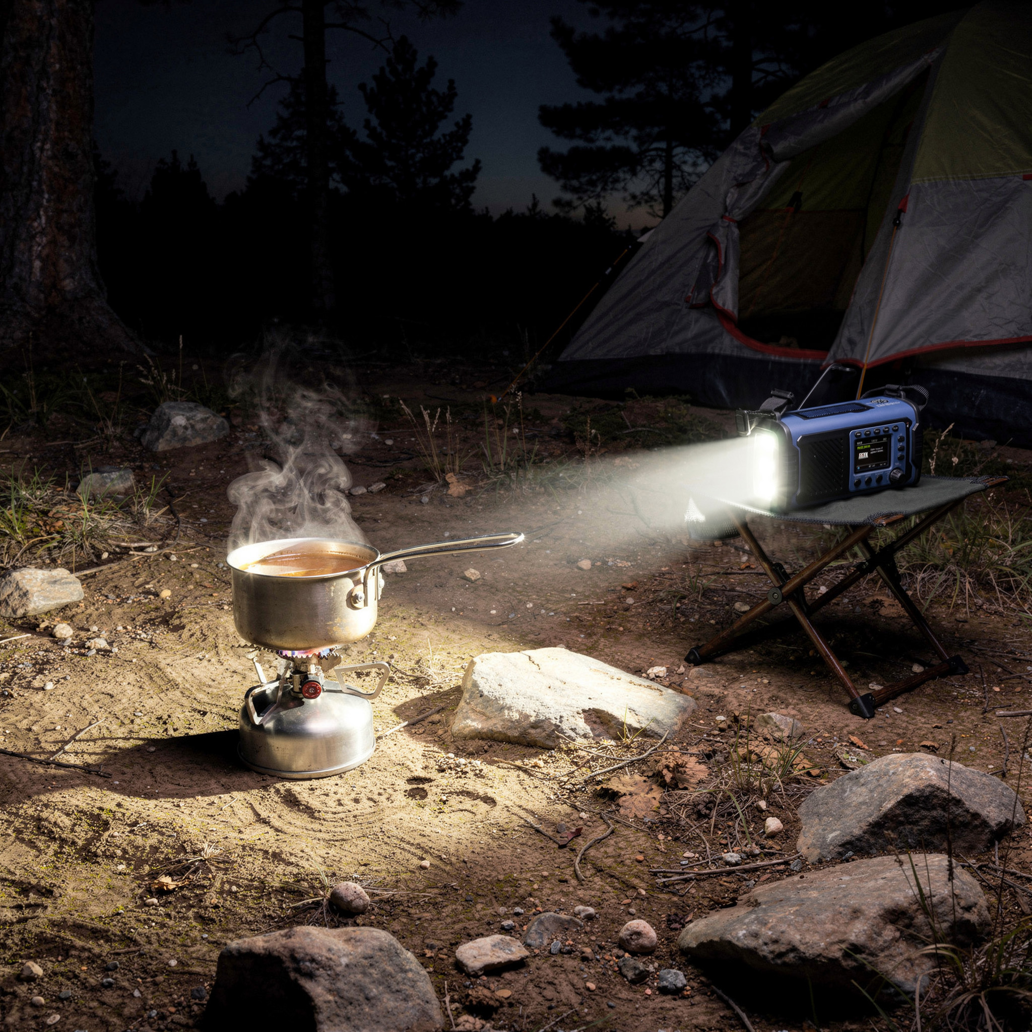 Eine blau-schwarze Lampe auf einem Stuhl beleuchtet einen Kochtopf mit kochendem Wasser beim nächtlichen Camping.