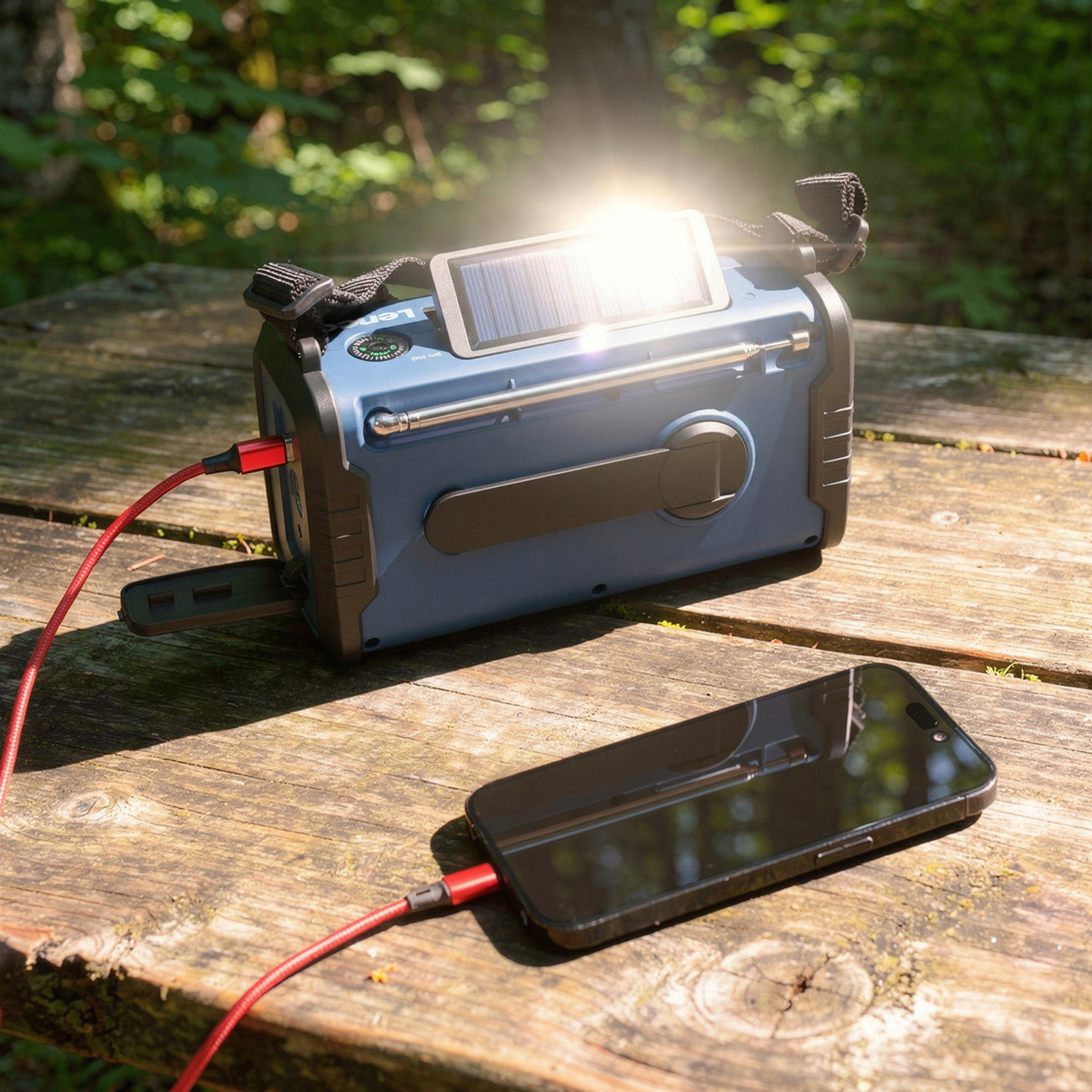 Ein blaues Solar-Notradio auf einem Holztisch, verbunden mit einem roten Kabel zum Laden eines Smartphones.