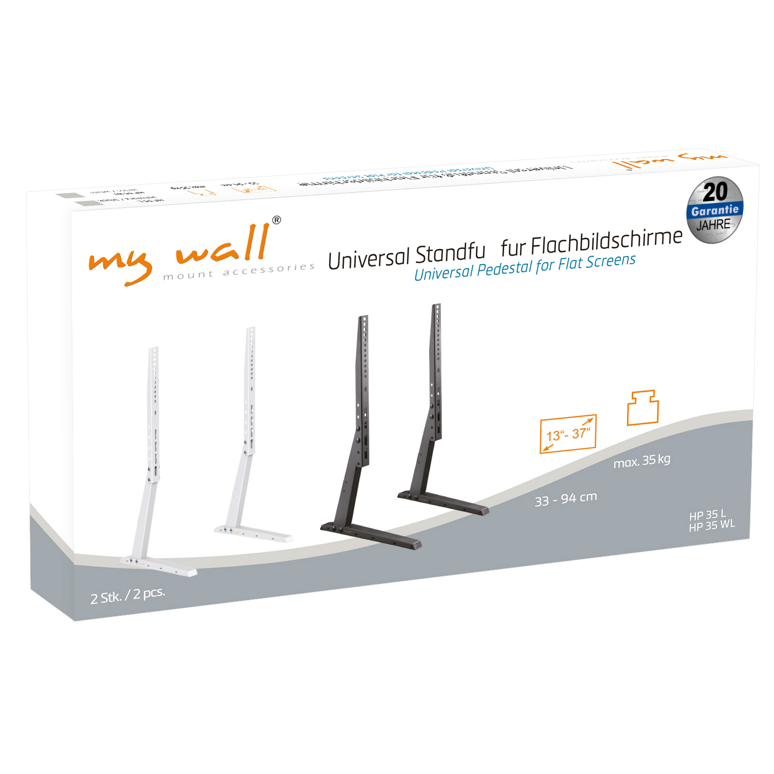 Produktverpackung für My Wall Universal Standfuß für Flachbildschirme mit weißer und schwarzer Standhalterung.