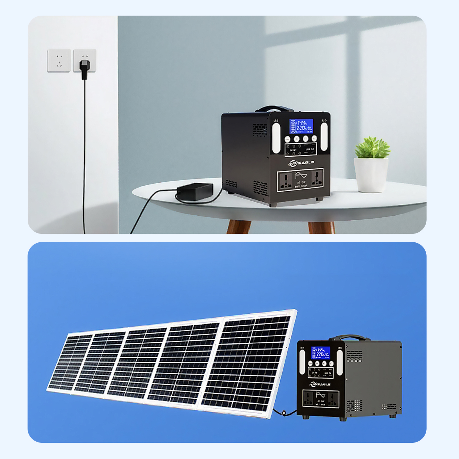 Estación de energía portátil en una mesa, enchufada a la pared y junto a un panel solar.