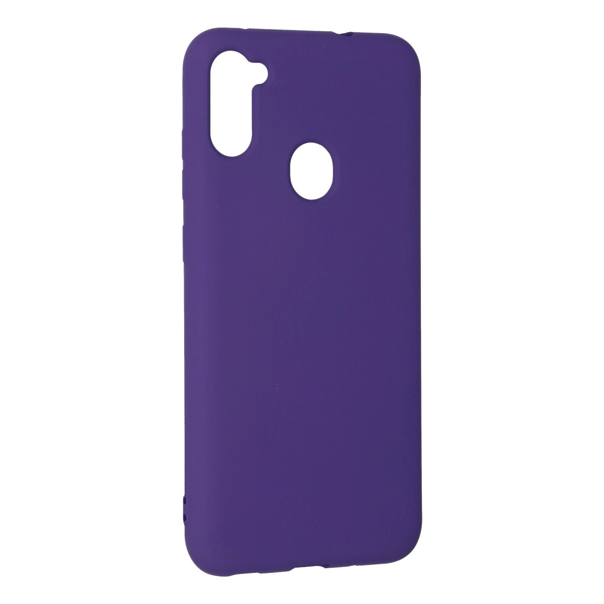 Beyaz arka planda kamera ve parmak izi sensoru icin bosluklari olan mor silikon telefon kilifi.