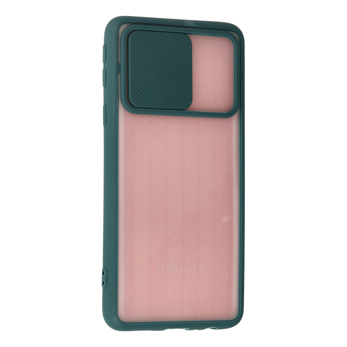 Koyu yeşil akıllı telefon kılıfı, sürgülü kamera kapağı ve yarı saydam pembe arka panele sahip.