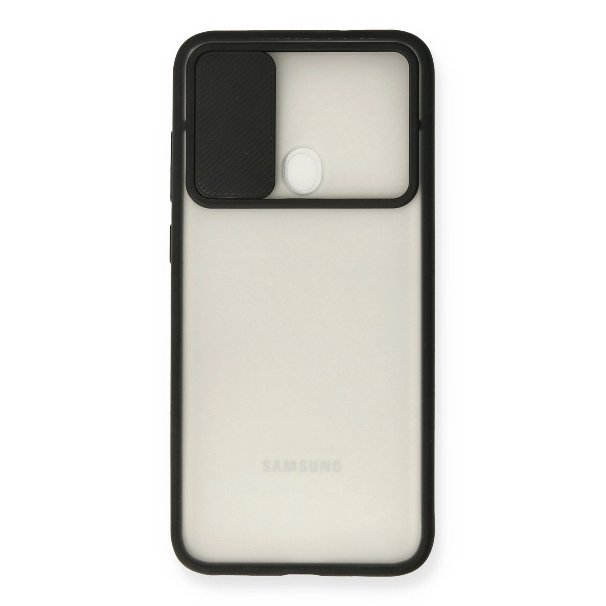 Beyaz arka planda kaydırılabilir kamera koruyuculu siyah Samsung telefon kılıfı.