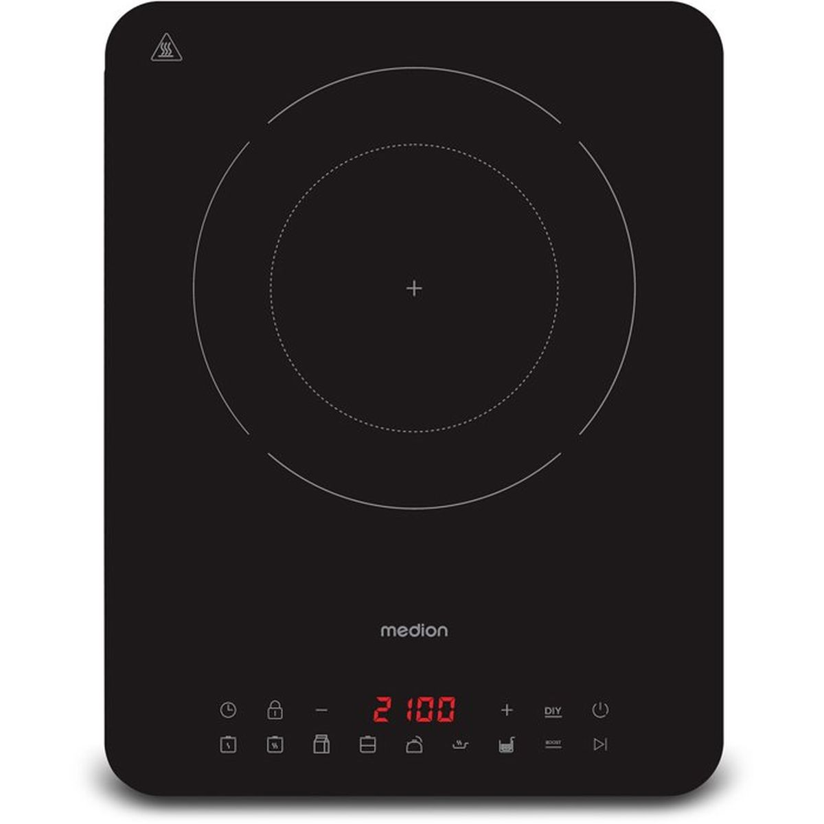 Schwarzes Einzel-Induktionskochfeld mit digitalem Display und Touch-Bedienfeld.