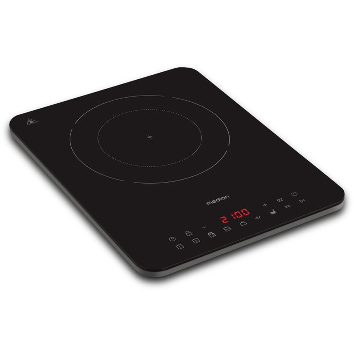 Eine schwarze Induktionskochplatte mit digitaler LED-Anzeige und Touch-Bedienfeld auf einer weißen Oberfläche.