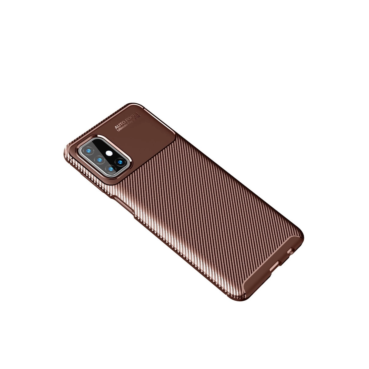 Beyaz arka planda karbon fiber desenli kahverengi akıllı telefon kılıfı.