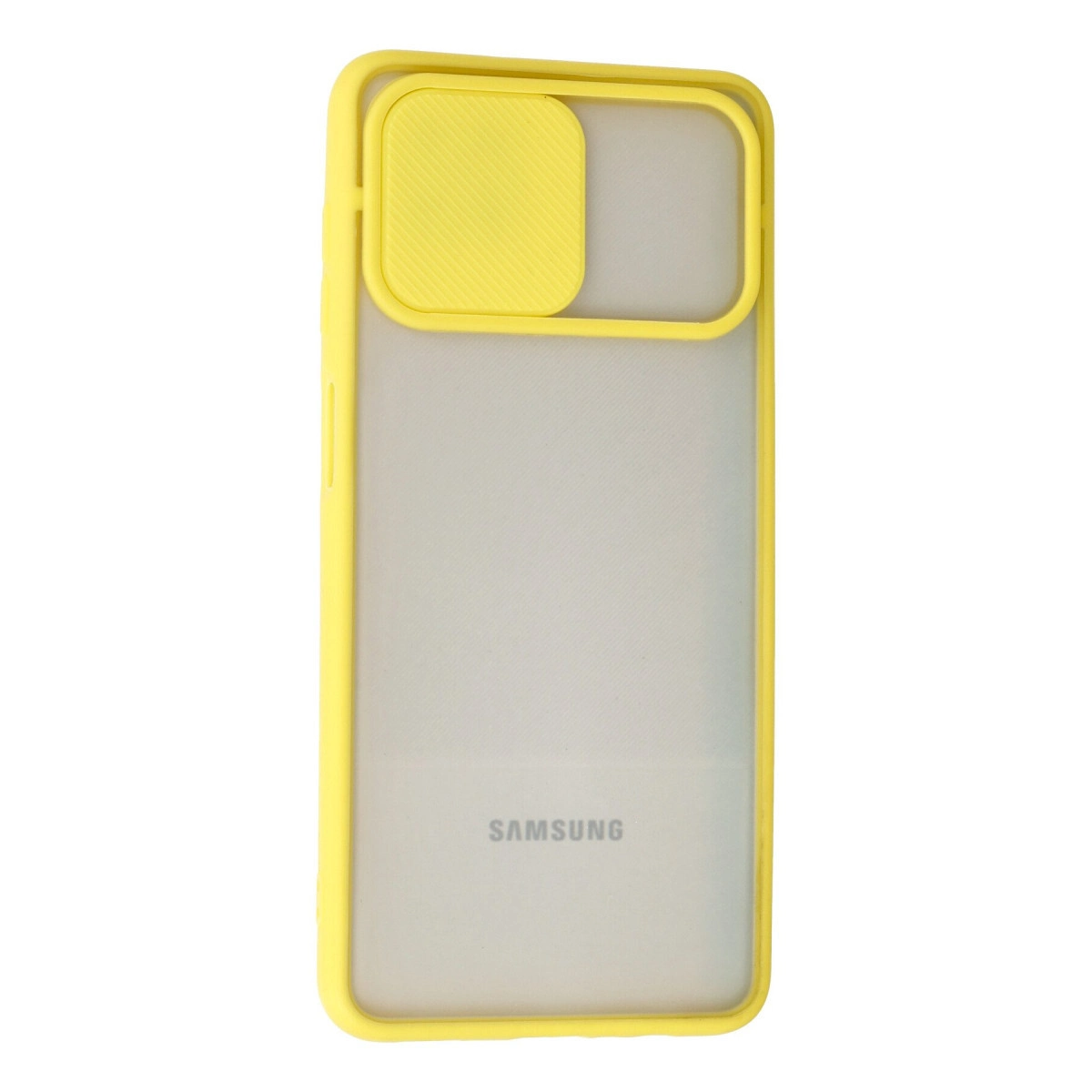 Sürgülü kamera kapaklı ve yarı saydam arka yüzeyli sarı Samsung telefon kılıfı.