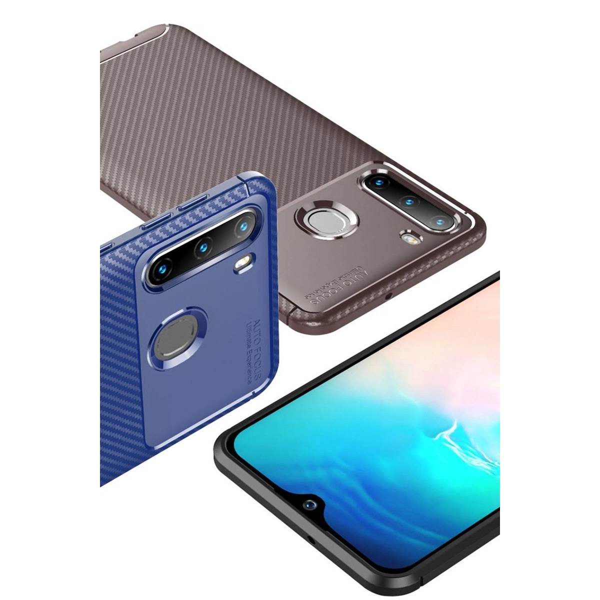 Mavi karbon fiber kılıflı, kahverengi kılıflı ve renkli ekranlı bir akıllı telefon.
