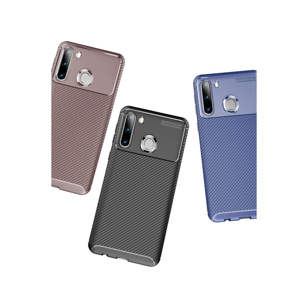 Pembe altın, siyah ve mavi renklerde karbon fiber dokulu kılıflara sahip, üçlü kameralı ve parmak izi sensörlü üç akıllı telefon.