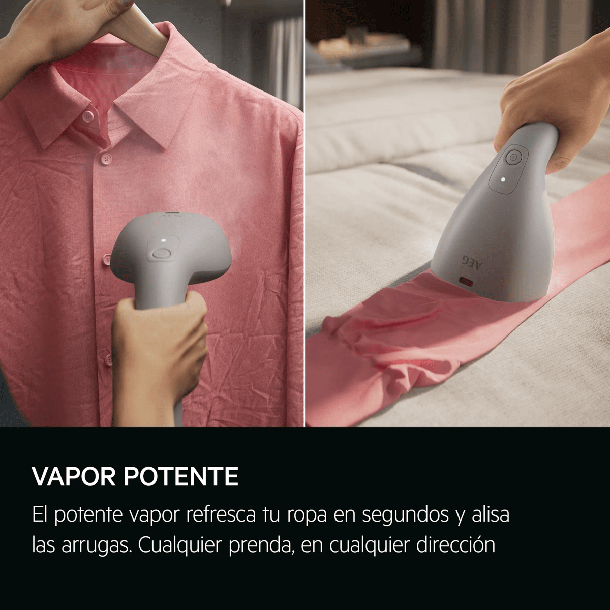 Una mano usa un vaporizador de prendas en una camisa rosa, con texto abajo sobre vapor potente.