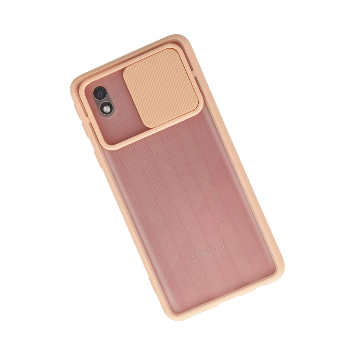 Beyaz arka planda kamera sürgülü pembe akıllı telefon kılıfı.