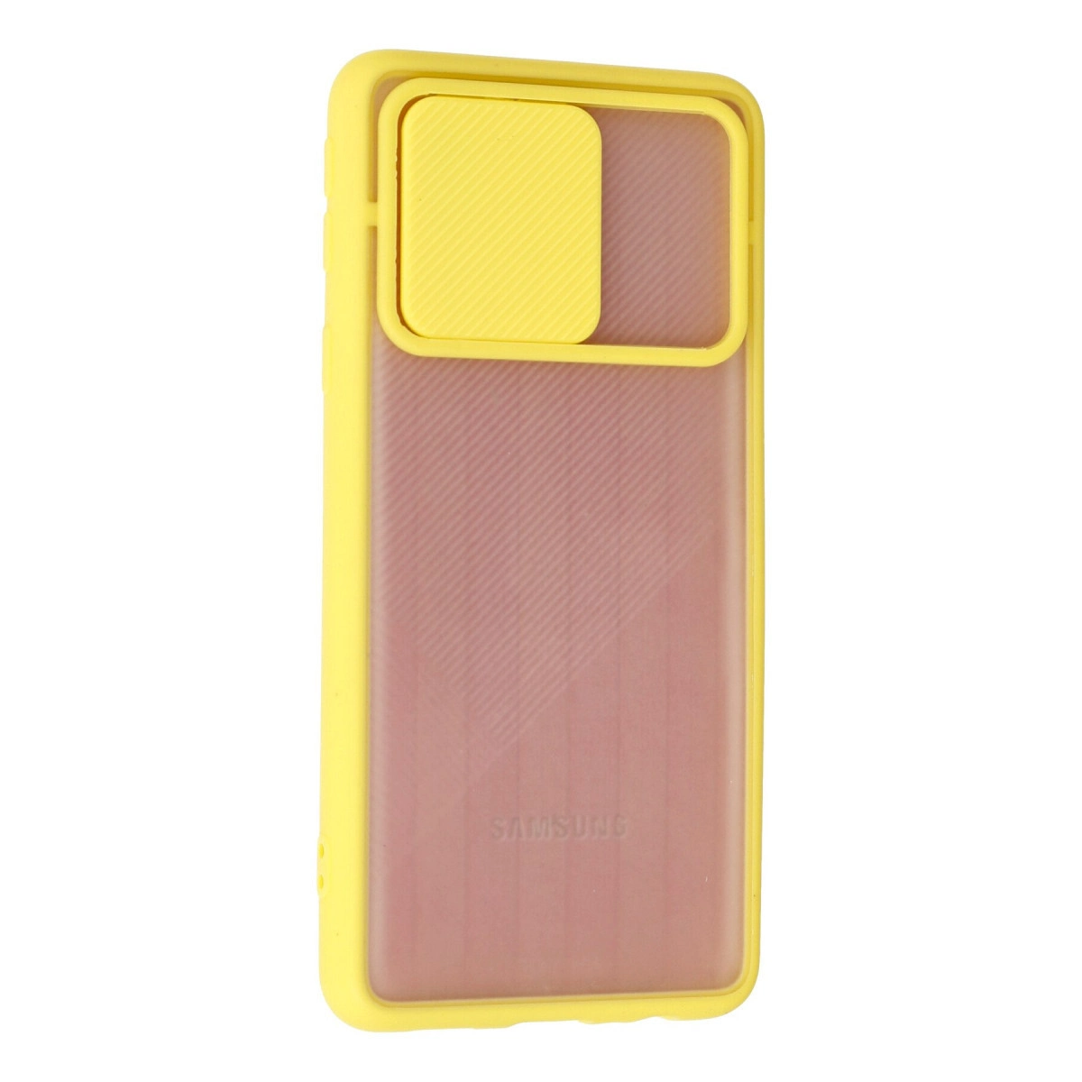 Beyaz arka planda sürgülü kamera kapaklı ve yarı saydam arkalı sarı Samsung telefon kılıfı.