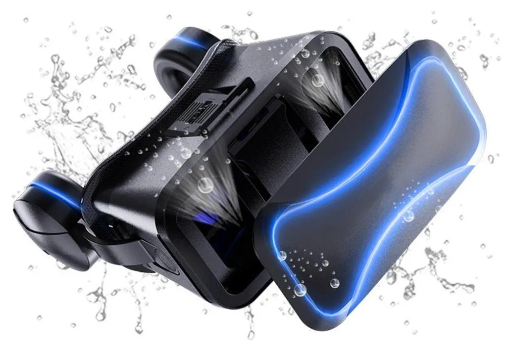 Schwarzes VR-Headset mit blauen Lichtakzenten, umgeben von spritzendem Wasser auf weiÃŸem Hintergrund.