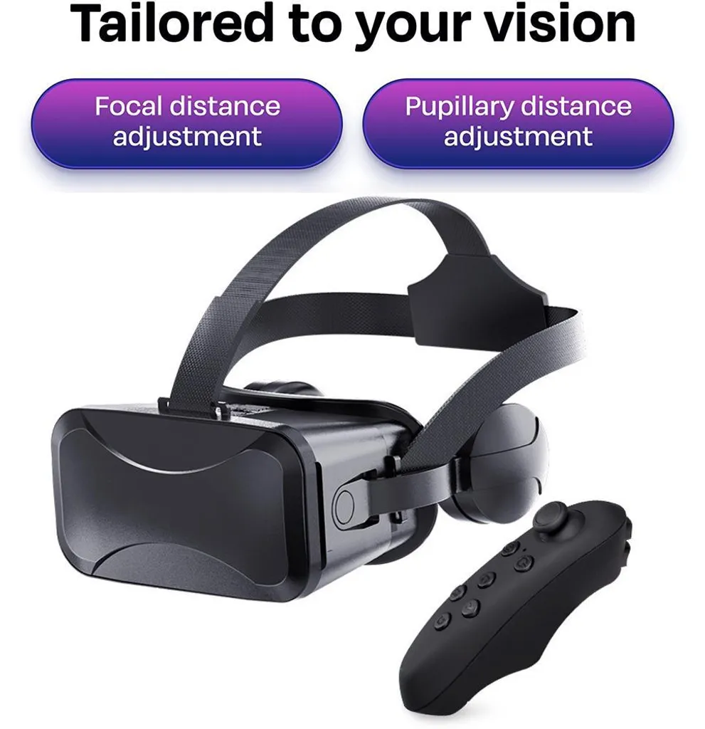 Ein schwarzes VR-Headset mit Riemen und passendem Controller, mit Fokus- und Pupillenabstandseinstellung.