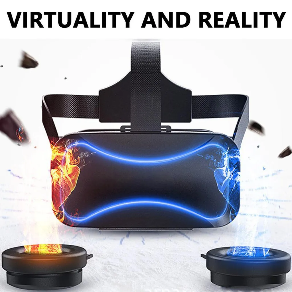 Ein schwarzes VR-Headset mit blauen Lichtbögen, flankiert von Feuer- und Eissockeln, unter dem Text "VIRTUALITY AND REALITY".