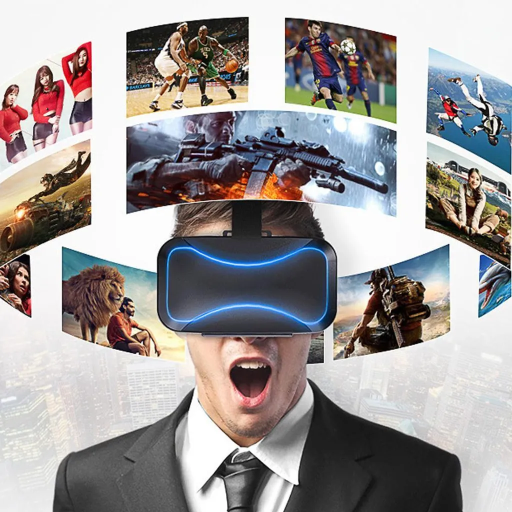 Ein Mann im Anzug mit VR-Brille hat den Mund offen, umgeben von schwebenden Bildschirmen mit Sport und Spielen.