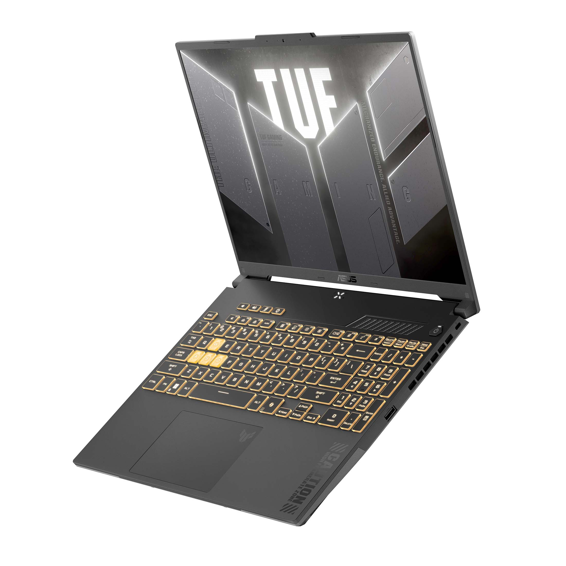 Ein schwarzer Gaming-Laptop mit beleuchteter Tastatur und TUF-Logo auf dem Bildschirm vor weißem Hintergrund.