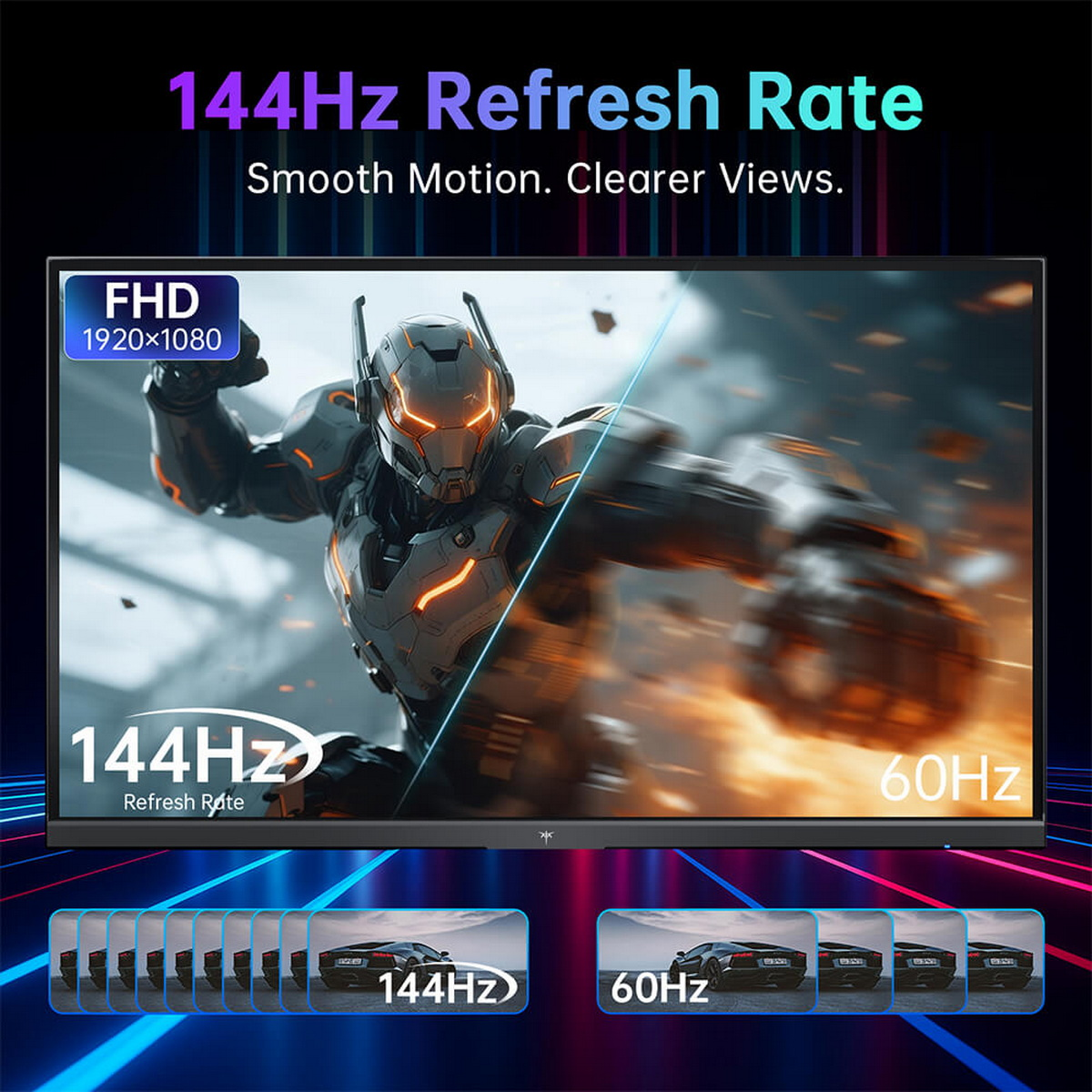 Ein Monitor mit 144Hz Bildwiederholrate und Sci-Fi-Roboter-Grafik, der flüssige 144Hz und 60Hz vergleicht.