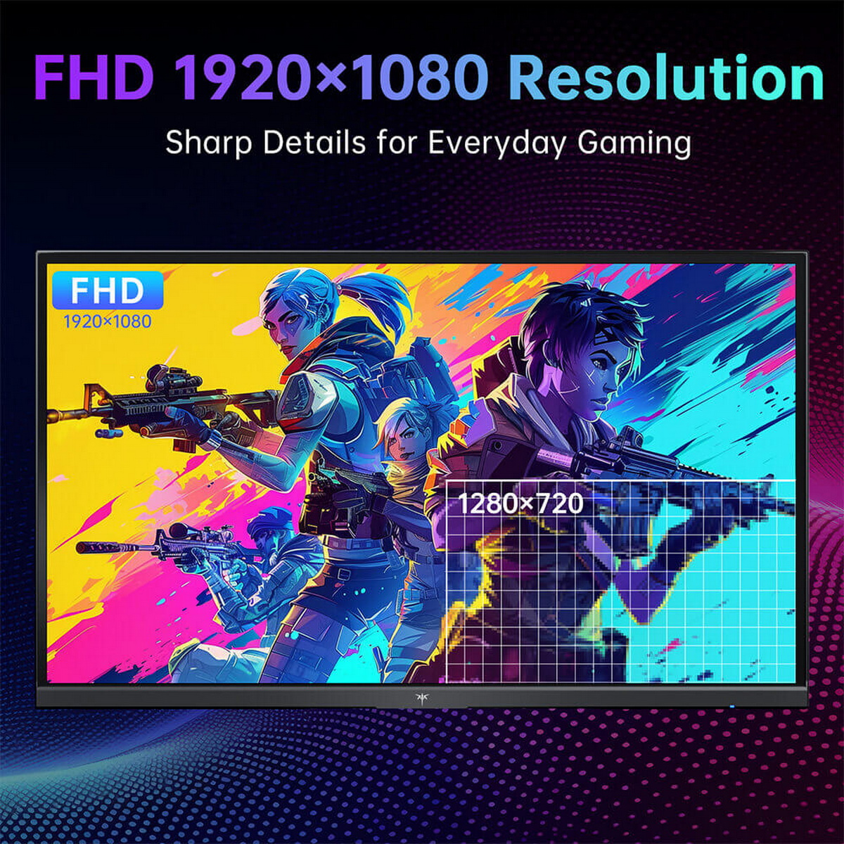 Ein Gaming-Monitor zeigt bunte Charaktere mit Waffen und den Text FHD 1920x1080 Resolution darüber.