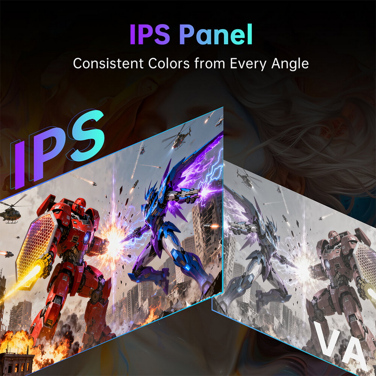 Vergleich von IPS- und VA-Panels mit kämpfenden Robotern, die lebendige im Vergleich zu blassen Farben zeigen.