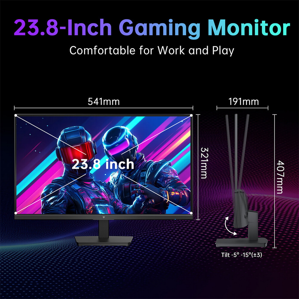 23,8-Zoll-Gaming-Monitor mit Maßen und zwei futuristischen Charakteren auf dem Display vor dunklem Hintergrund.
