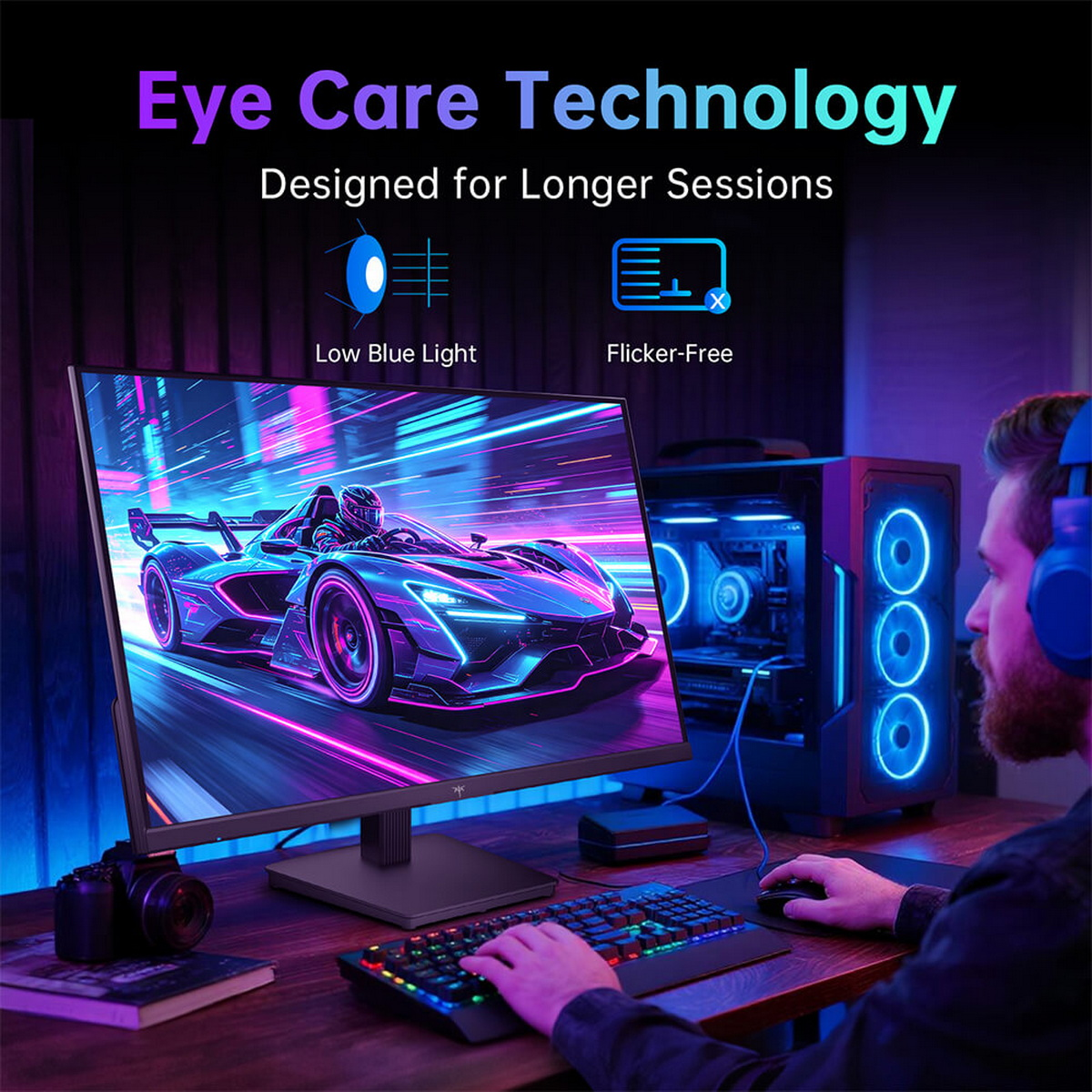 Ein Gamer nutzt einen Monitor mit Blaulichtfilter und Flimmerfreiheit.