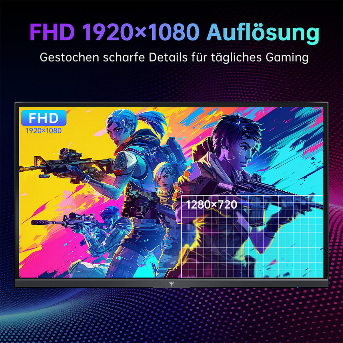 Ein Gaming-Monitor mit FHD-Auflösung zeigt eine bunte Kampfszene mit Soldaten und Waffen.