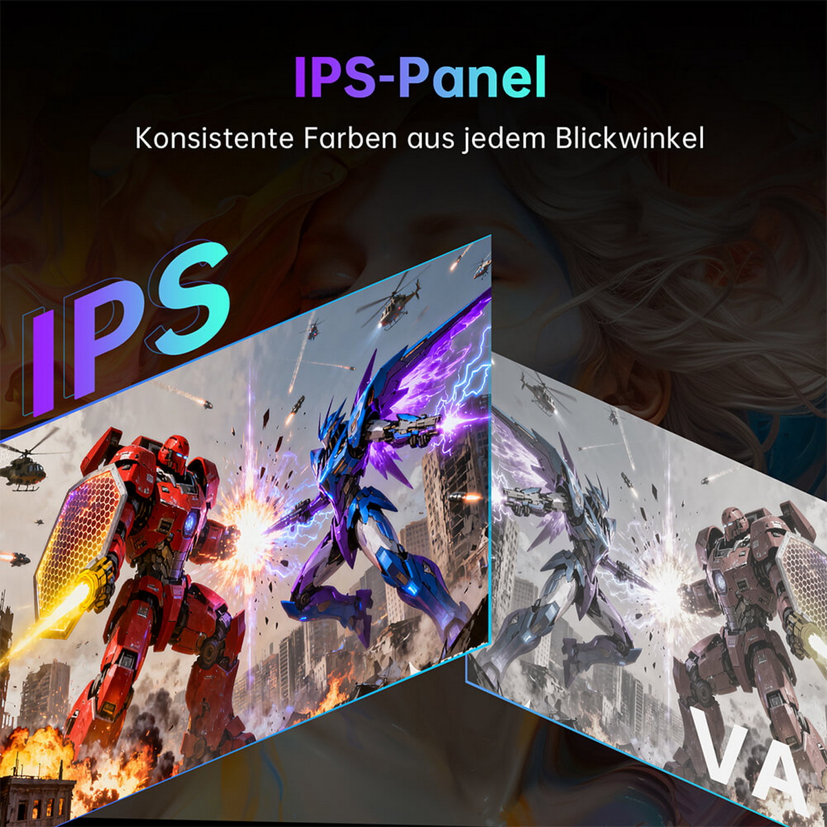 Vergleich von IPS- und VA-Panels zeigt lebendige Farben bei IPS im Vergleich zu blassen Farben bei VA.