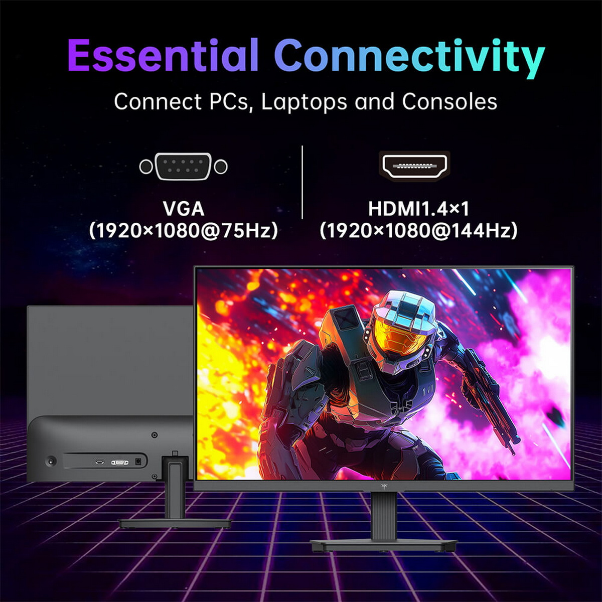 Monitor mit VGA und HDMI Anschlüssen, die Gaming Grafik auf dem Bildschirm zeigt einen Soldaten.