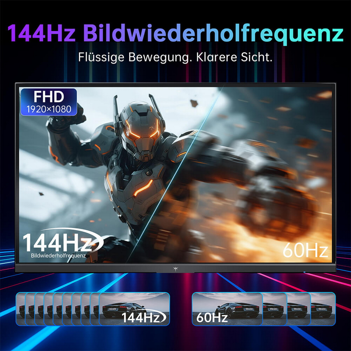 Gaming-Monitor mit 144Hz und 60Hz Vergleich, zeigt flüssige Bewegungen und ein Roboter-Charakter.