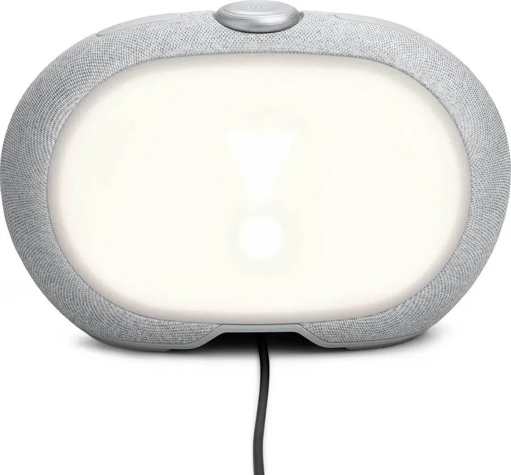 Ovale, grau umrandete Lampe mit hellem, weißem Licht und angeschlossenem Kabel.