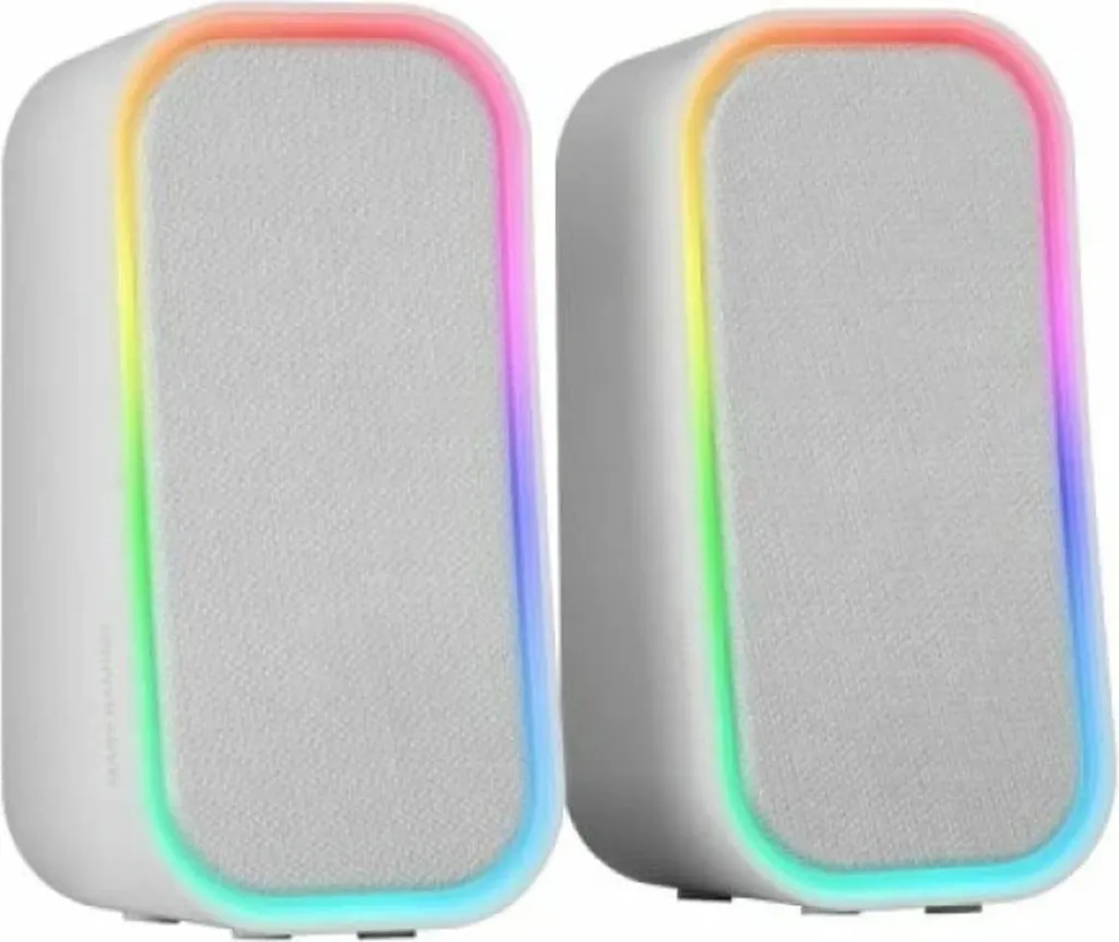 Zwei weiße PC-Lautsprecher mit runder RGB-Beleuchtung auf grauem Hintergrund.