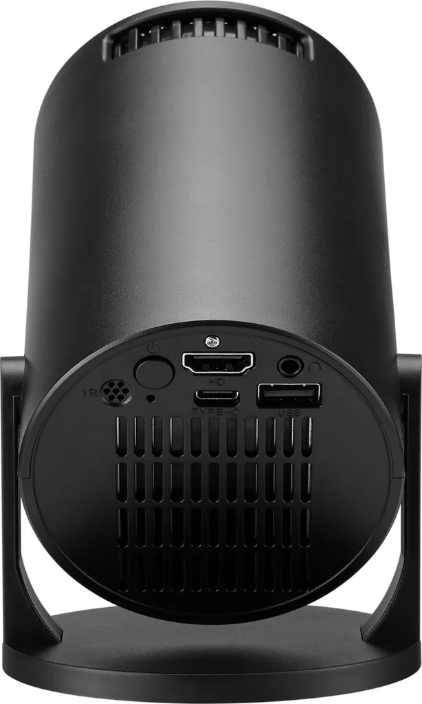 Rückseite eines schwarzen zylindrischen Projektors mit HDMI-, USB-C-, USB-Anschlüssen und Lüftungsgittern.